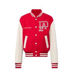 LOUIS VUITTON® - Mix Leather Varsity Blouson - Bright Red Louis Vuitton Jacket, Pearl Logo, Cashmere Sweater Men, Mens Winter Coat, Princess Anne, Mens Designer Fashion, Pharrell Williams, Louis Vuitton Men, Striped Knit