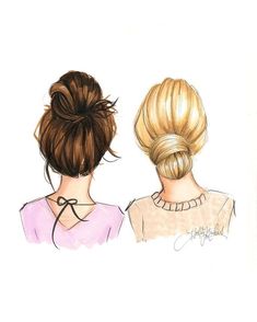 two women with hair in buns looking at each other