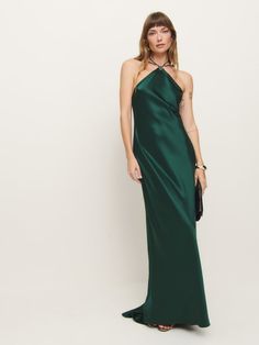 How fancy. Shop the Zinna Dress from Reformation, a sleeveless full-length dress with a halter neckline. Fancy Shop, Time Clothes, Silky Fabric, Grad Dresses, Full Length Dress, Reformation Dresses, Glam Dresses, New Tops, Halter Neckline