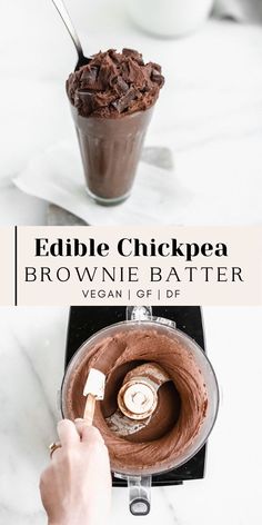 a person is using a spoon to make chocolate ice cream in a blender with the words edible chickpea brownie batter