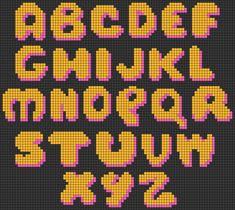 the pixel font and numbers are made up of different colored pixels, with pink and yellow letters