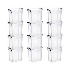 six clear storage bins with handles and lids on each side, set of 6