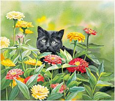 a painting of a black cat hiding in flowers