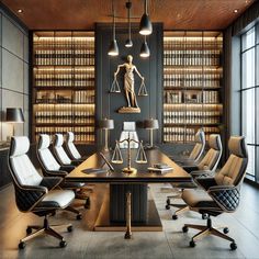 an empty conference table with chairs and a statue in the middle, surrounded by bookshelves