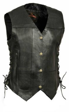 Model: SH1292 Women's 6-Pocket Side Lace Vest., made from Premium Milled Cowhide 1.2-1.3mm Leather. Two Lower Zippered Hand Pockets with Side Lace Detailing. One Panel Back - Perfect for Patches or Embroidery. Dual Side Deep Concealed Weapon Gun Pockets. Built in Dual Side Concealed Weapon & Ammo Pocket. Made to the best quality standards. Premium Milled Cowhide 1.2-1.3mm Leather Two Lower Zippered Hand Pockets with Side Lace Detailing One Panel Back - Perfect for Patches or Embroidery Dual Side Fitted Leather Vest With Pockets, Fitted Biker Vest With Zipper Closure, Leather Vest With Button Closure, Vintage Fitted Leather Vest, Concealed Carry Vest, Military Sleeveless Vest With Pockets, Lace Vest, Biker Boots, Boots For Sale