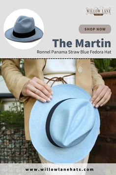 This beautiful hat made of Entirely handmade from natural toquilla straw. Provides protection from UV rays. Get it now! #pnamahat #easter #fedora #hustonrodeo Blue Fedora Hat, Straw Cowboy Hat, The Martin, Blue Crown