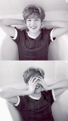 two pictures of a boy smiling and covering his eyes