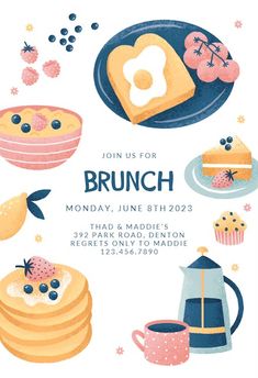 a brunch party with pancakes, muffins and coffee