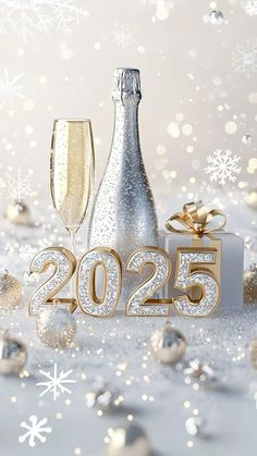 new year's eve card with champagne and gift box on snow - covered background