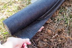 a person is holding an object in their hand on the ground with grass and dirt