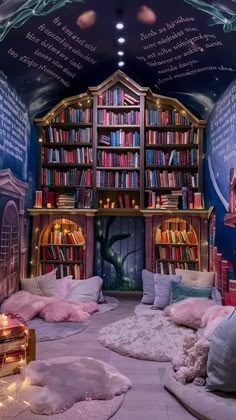 a room with bookshelves and lots of pillows on the floor in front of it