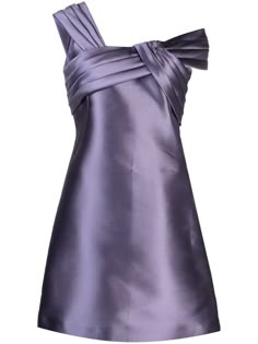 lilac purple satin weave draped detailing knot detailing asymmetric neck short sleeves concealed side zip fastening flared skirt straight hem Short Dress Sleeve, Little Purple Dress, Unique Semi Formal Dresses, Metallic Purple Dress, Lilac Outfits, Short Purple Dress, Dress With No Sleeves, Pink And Purple Dress