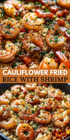 cauliflower fried rice with shrimp in a skillet, and then topped with parsley