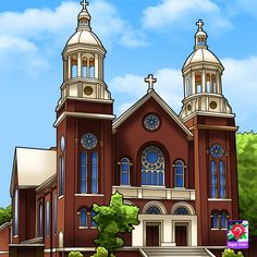 an animated image of the front of a church