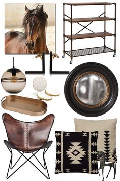 a collage of furniture and accessories including a horse