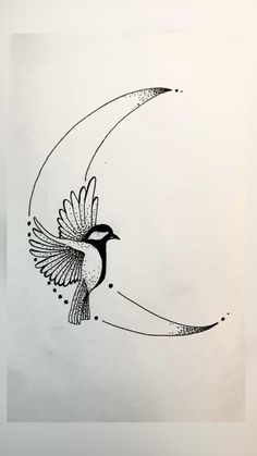 a black and white drawing of a bird flying in the sky with a half moon behind it