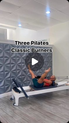 a man is doing pilates on a bench with the text, three plates classic burners