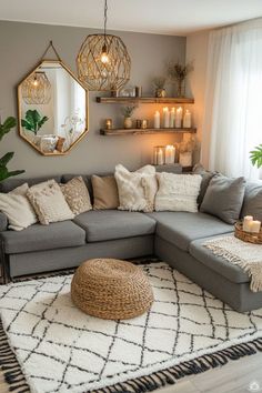 a living room filled with lots of furniture next to a large mirror on the wall