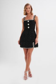 ZOEY Embellished Boucle Tulip Mini Dress in Black Lavish Alice, Dreamy Dress, Side Split, Fall 2024, Square Neckline, Tulips, Mini Dress, Square, Skirt