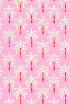 a pink background with white palm trees on it