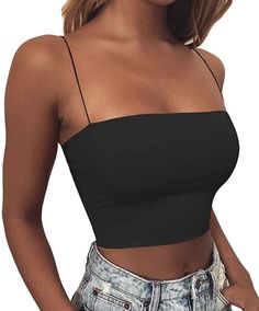 Black Spaghetti Strap Top Outfit, Basic Crop Top Outfits, Spaghetti Top Outfit, Sleeveless Crop Top Outfit, Spaghetti Strap Top Outfit, Strap Tops Outfit, Black Spaghetti Top, Black Crop Top Outfit, Tube Top With Straps