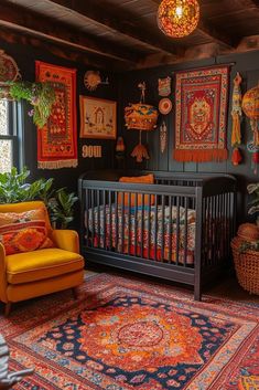 a baby's room with an orange crib and rugs on the floor