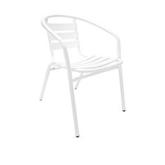 a white plastic chair with arms and legs, viewed from the side on a white background