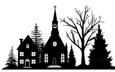 a black and white silhouette of a church surrounded by trees