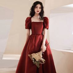 Square Neck Prom Dress With Sleeves, Puffy Sleeves Prom Dress, Birthday Style Dresses Long, Dark Red Dress With Sleeves, Red Prom Dress Sleeves, Red Prom Dresses With Sleeves, Long Sleeve Red Dress Formal, Puffed Sleeve Prom Dress, Red Silk Dress Long Sleeve