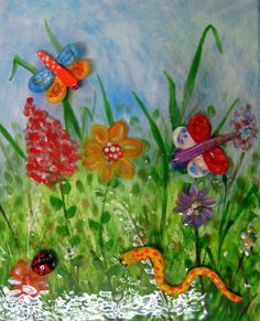 a painting of flowers and bugs in the grass