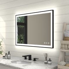 a bathroom with a sink, mirror and shelves