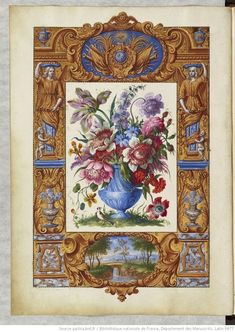 an old book with flowers in a blue vase on the front cover and gold trimmings