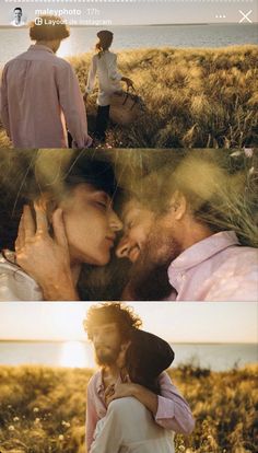 two people kissing each other in front of the ocean and grass with water behind them