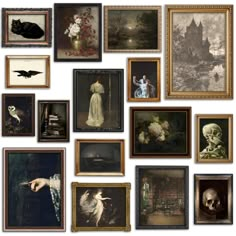 an assortment of framed art pieces on a wall