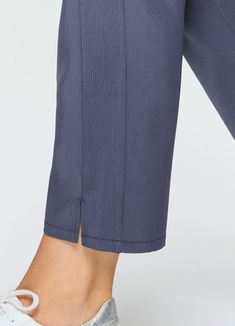 Perfect for everyday wear, traveling, workouts and more, you'll love the Plus Everyday Ribbed Ankle Pant. These versatile ankle length pants are constructed from our breathable, quick drying stretch woven fabric and have a ribbed waistband and side leg detailing. The flat elastic waistband provides both a secure and flattering fit, and sizable side pockets conveniently hold your cell phone and other necessities. Complete with slits at the ankles, faux back pockets and front fly detail, these fas Ankle Length Pants, Ankle Pants, Fashion Pants, Ankle Length, Woven Fabric, Pencil Skirt, Everyday Wear, Dark Blue, Cell Phone