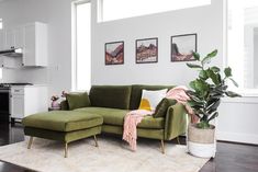 a living room filled with furniture and a green couch next to a white rug on top of a hard wood floor