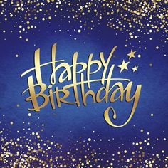 a blue and gold happy birthday card with stars