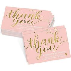 two pink and gold thank cards with the words thank you written on each one side