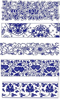 four different blue and white designs with flowers, leaves and swirls on the sides