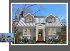 the front and side view of a small house with porches, windows, and doors