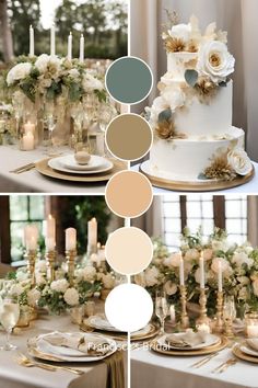 the table is decorated with white flowers and gold plates, candles, and champagne glasses