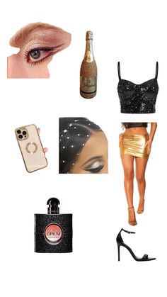 a collage of different items including a woman's face, phone and purse