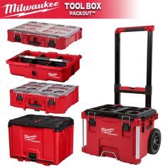 the milwaukee tool box is red and has four different compartments for tools to be packed in