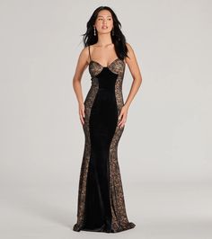 This sleeveless velvet formal dress features a flattering V-neckline and adjustable spaghetti straps. The lace-trimmed sides boast an hourglass effect along form-hugging mermaid silhouette and floor-length hem. Fit & FeaturesVelvet fabric, lined, moderate stretchV-neckline with padded bra cupsAdjustable spaghetti strapsBack zipper and hook-eye closureMermaid silhouette with lace trimmed sidesFloor-length hemRuns true to size Velvet Formal Dress, Formal Dress Black, Homecoming Outfits, Cocktail Outfit, Rhinestone Dress, Sweet 16 Dresses, Mermaid Silhouette, Velvet Lace, Padded Bra