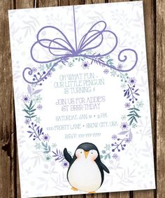 a penguin birthday party card with a purple bow on it