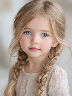 prompt: A close-up portrait of a young girl with long, wavy blonde hair styled in two braids. She has striking blue eyes and rosy cheeks, exuding innocence and curiosity. The background is softly blurred, enhancing her facial features, while her neutral-toned outfit adds to the gentle, dreamy aesthetic, shot by Nikon Babies With Blue Eyes, Baby With Blue Eyes, Long Wavy Blonde Hair, Blonde Hair Characters, Wavy Blonde Hair, Kerchief Hair, Blonde Kids