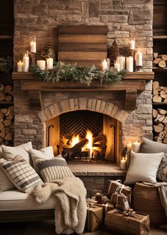 a living room filled with furniture and a fire place covered in christmas decorations next to a fireplace