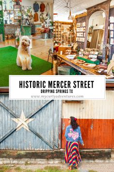 a woman standing in front of a store with her dog