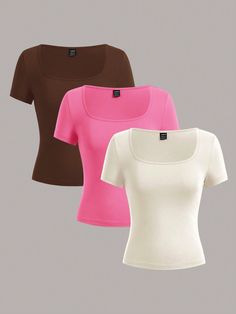 3pcs/Set Women Square Neck Short Sleeve Crop Tops, Summer Casual Fitted T-Shirts Multicolor Casual    Plain  Slight Stretch  Women Clothing, size features are:Bust: ,Length: ,Sleeve Length: Shein Tops Shirts, Short Crop Tops, Shein Shirts, Square Crop Top, Plain Crop Tops, Shirts For Teens, Crop Top And Shorts, Short Sleeve Cropped Top, Women T Shirts