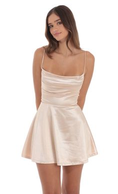 Satin Cowl Neck Dress in Champagne | LUCY IN THE SKY Winter Dance Dresses, Satin Cowl Neck Dress, Satin Hoco Dress, Bat Mitzvah Dresses, Hoco Dresses Tight